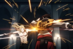 Two 'Castlevania' characters clash in the middle of a fight.
