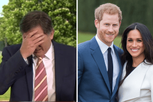 BBC Presenter Simon McCoy face-palming, Prince Harry and Meghan Markle posing side by side.