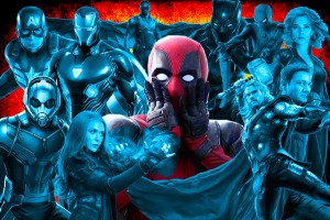 Deadpool in the middle of characters from the Marvel Cinematic Universe
