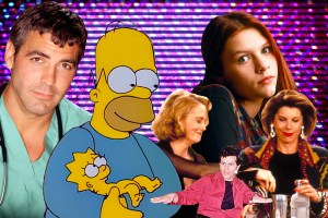 collage of House of Buggin’, Cybill Shepard and Christine Baranski, Claire Danes, Clooney, and The Simpsons