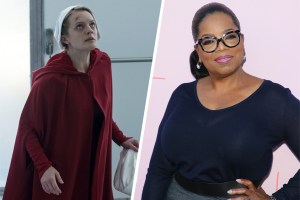 Split image of Elisabeth Moss in 'The Handmaid's Tale' and Oprah Winfrey in 2018