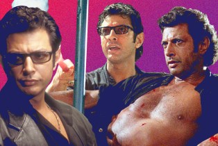 Three images of Jeff Goldblum from Jurassic Park on a Pink to purple gradient background