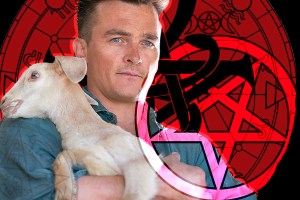 Rupert Friend holding a lamb on Strange Angel