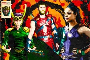 Photo illustration of 'Thor: Ragnarok's' leads done in the style of comic artist Jack Kirby