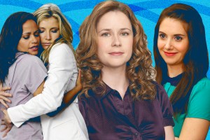 collage of: Pam from The Office, Carla and Elliot from Scrubs, and Annie from Community