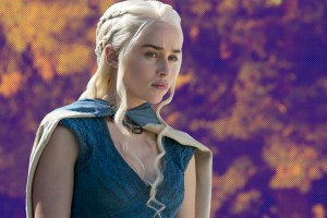 Emilia Clarke in Game of Thrones in front of an abstract background