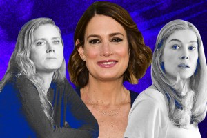 collage of Gillian Flynn flanked by Rosamund Pike and amy adams