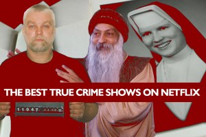 collage of Wild Wild Country, Making a Murderer, and The Keepers