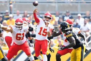 Patrick Mahomes throwing a pass.