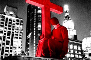 Photo illustration of Daredevil in red against black and white cityscape