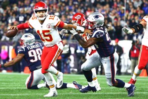 FOXBOROUGH, MA - OCTOBER 14: Patrick Mahomes #15 of the Kansas City Chiefs looks to pass in the second quarter of a game against the New England Patriots at Gillette Stadium on October 14, 2018 in Foxborough, Massachusetts. (Photo by Adam Glanzman/Getty Images)