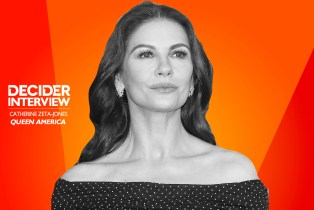 Catherine Zeta-Jones in black and white on a bright orange background