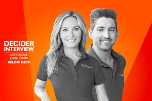 Kate Chastain AND Josiah Carter of Below Deck in black and white on a bright orange background