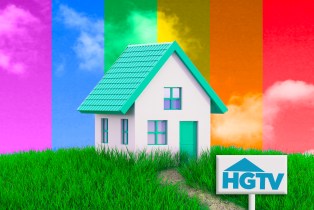 A photo illustration with a image of a house with a rainbow colored sky behind it