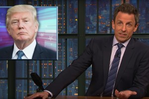 Seth Meyers on 'Late Night' next to Trump graphic