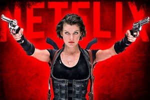 Mila Jovovich with two guns pointed drawn and ready, on a bright red background