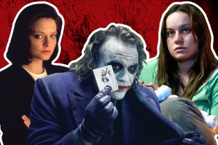 collage ofJodie Foster from Silence of the Lambs, Heath Ledger from the Dark Knight (in middle), and Brie Larson in Room