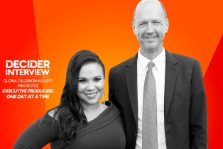 Gloria Calderon Kellett and Mike Royce in black and white on a bright orange background