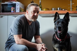 Ricky Gervais with a dog in After Life