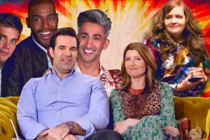 collage of Catastrophe, Shrill, Queer Eye