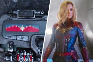 side by side of pager in Avengers: Infinity War and Brie Larson as Captain Marvel