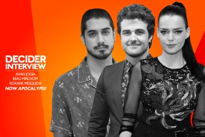 now apocalypse cast (Avan Jogia, Beau Mirchoff, Roxane Mesquida) in black and white on a bright orange background