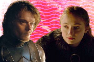 photo illustration of Sansa and Theon looking at each other with loving eyes