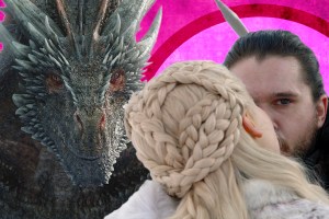Photo illustration of Jon snow kissing Dany while Drogon looks on