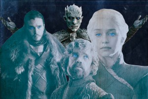 photo illustration of Jon, Dany, and Tyrion with the night king open arms behind them