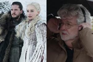 Side-by-side of Jon Snow & Daenerys Targaryen, and on-set photo of George Lucas