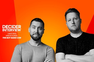 Lance Bass and Aaron Kunkel talk The Boy Band Con, in black and white on a bright orange background