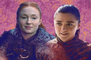 photo collage of Sansa & Arya on a pink fur background