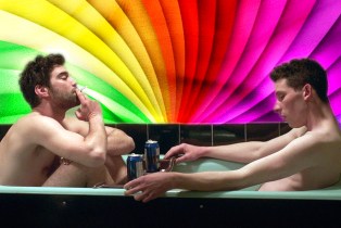 photo illustration of the two men from God's Own Country in the bath together with a rainbow behind them