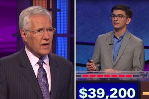 Alex Trebek and Jeopardy Teen Tournament contestant