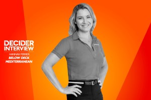 Hannah Ferrier of Below Deck Med in black and white on a bright orange background