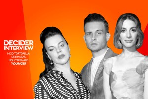 Nico Tortorella, Debi Mazar and Molly Bernard in black and white on a bright orange background