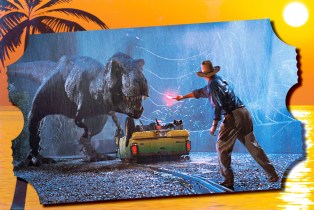 Photo illustration of Jurassic Park on a summer beach background