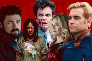 collage of KARL URBAN / Billy Butcher JACK QUAID / Hughie Campbell ANTONY STARR / Homelander ELISABETH SHUE / Madelyn Stillwell KAREN FUKUHARA / The Female