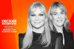 Kirsten Dunst and Esta Spalding in black and white on a bright orange background