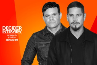 Elgin James and JD Pardo in black and white on a bright orange background