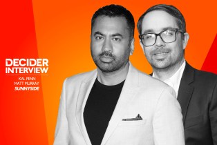 Kal Penn and Matt Murray in black and white on a bright orange background