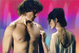 two leads from outlander undressing and touching each other