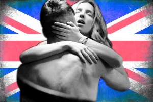 couple in a moment of passion with union jack behind them