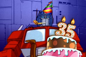 Optimus prime with birthday hat on