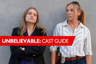 Merritt Wever and Toni Collette in Unbelievable with Unbelievable Cast Guide chyron on top