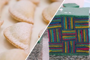 Side-by-side of cassatelle and Sarawak cake on The Great British Baking Show