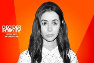 Cristin Milioti in black and white on a bright orange background