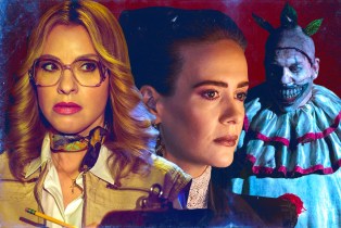 Collage of Twisty the clown, Sarah Paulson in Coven, and Leslie Grossman in 1984