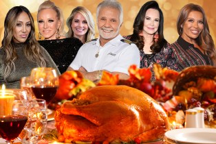 collage of Captain Lee from Below Deck, Melissa Gorga from RHONJ, Patricia Altschul and Cameran Eubanks of Southern Charm, Dolores Catania and Margaret Josephs of RHONJ behind a Thanksgiving table. The Bravolebrities told us their favorite Turkey Day dishes