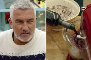 Side by side of an incredulous Paul Hollywood and Flo pouring a whole bottle wine into her cake mix on The Great British Baking Show: Holidays